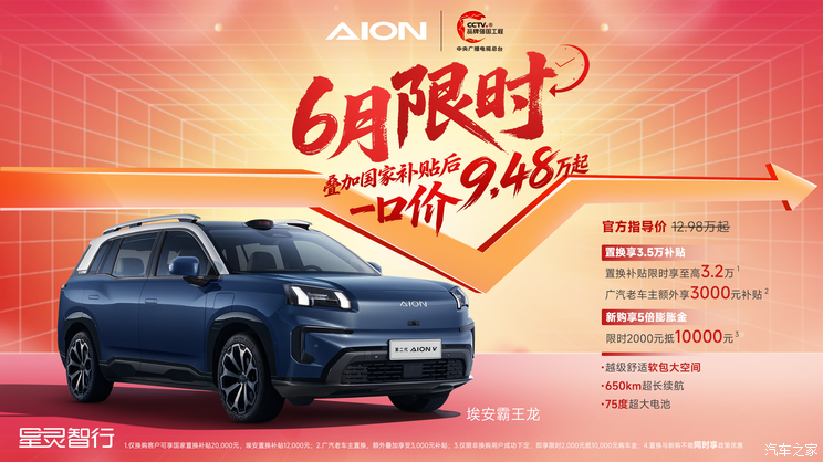 叠加国家补贴后一口价9.48万起 AION V霸王龙推出限时补贴